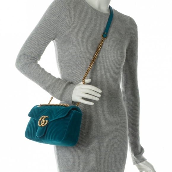 Gucci Small Marmont Velvet Chevron Teal Crossbody - Picture 12 of 12